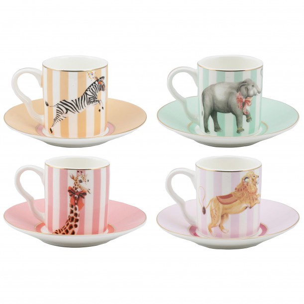 Set of 4 Coffee Cups and Saucer Animal