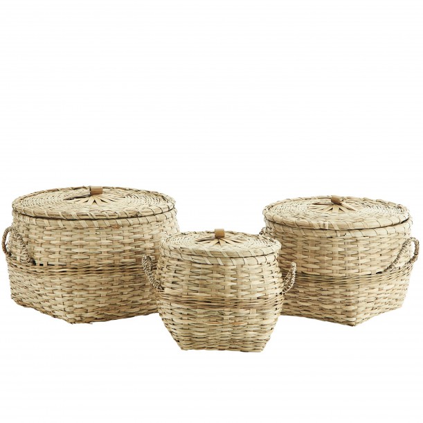 Lot de 3 paniers avec couvercle en fibre naturelle