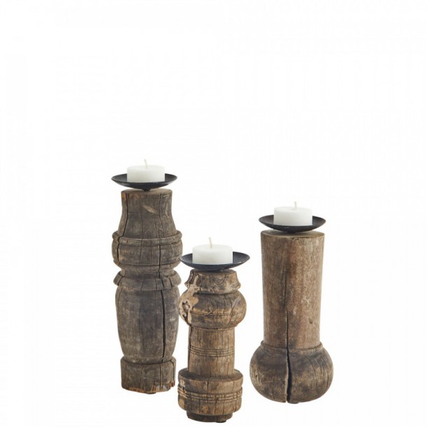 Lot de 3 bougeoirs en bois recyclé