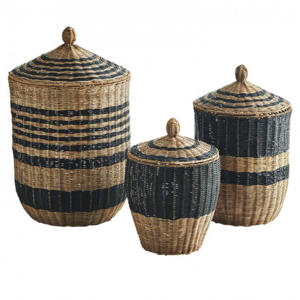 Lot de 3 paniers avec couvercle en rotin